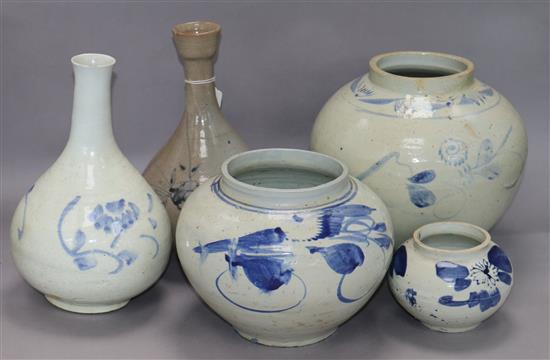 Five Korean pottery vases tallest 26cm